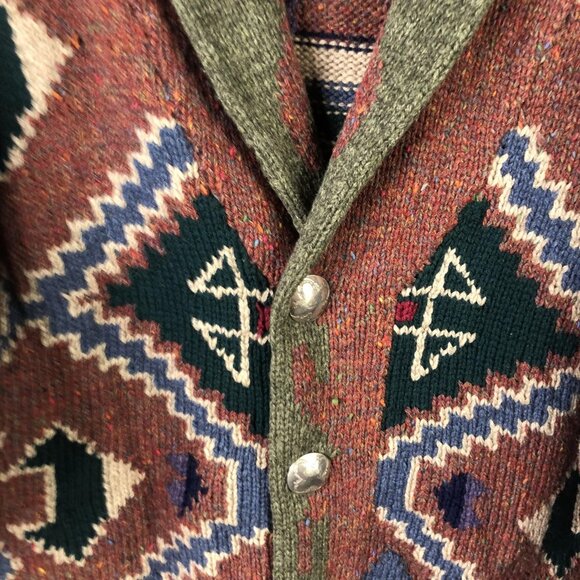Vintage Twickers Cardigan Sweater Men L Brown Shawl Collar Aztec Wool Concho - Picture 15 of 16